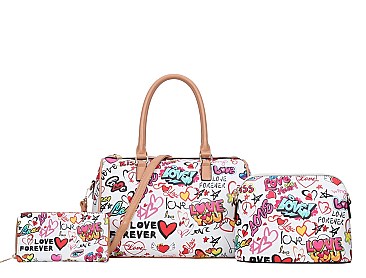 Graffiti HEART -LOVE Print 3-Pieces Set Boston Satchel - 3 IN ONE