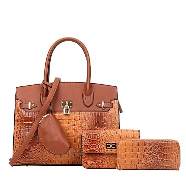 4 IN 1 Crocodile Embossed Padlock Accent Satchel - Cross body & Wallet Set