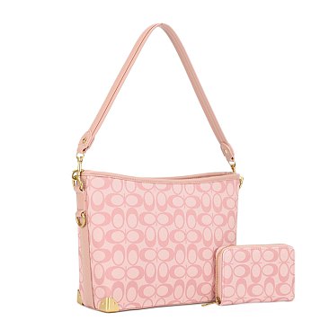 2-in-1 Side Ring Hooked Single Strap Oval Print Bucket / Hobo Bag Set