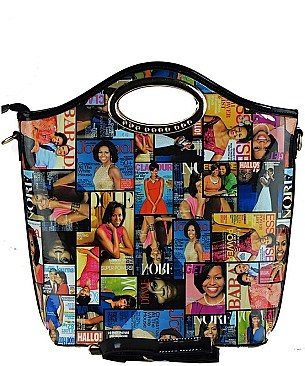 MICHELLE OBAMA FASHION MAGAZINE FAUX PATENT LEATHER HANDBAG WITH GOLD EMBELLISHMENTS JP41675