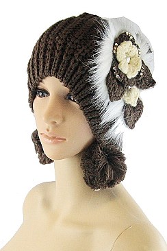 Pack of 12 (pieces) Assorted Faux Fur Flower Accent Knit Pom Pom Beanie FM-MHA2549