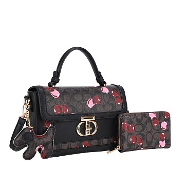 2- in-1 Oval Chery Print Monogram Satchel Set + KeyChain Charming & Wallet