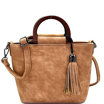 491J-LP  Tassel and Wooden Handle Accent Medium Satchel