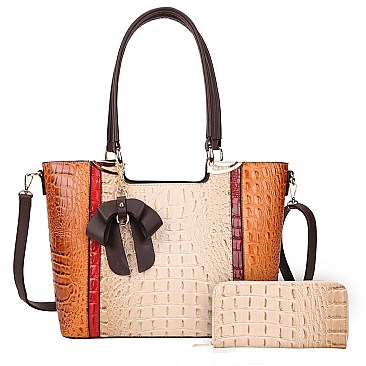 2 IN 1 RIBBON ACCENT ALLIGATOR SATCHEL WALLET SET