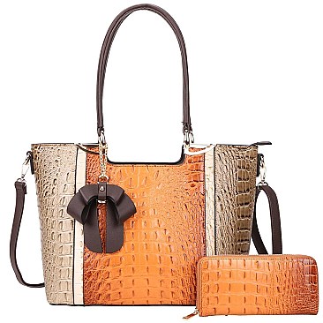 2 IN 1 RIBBON ACCENT ALLIGATOR SATCHEL WALLET SET