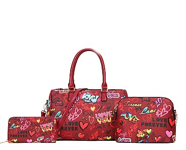 Graffiti HEART -LOVE Print 3-Pieces Set Boston Satchel - 3 IN ONE