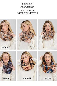 Pack of 12 Assorted Color Plaid Plush Infinity Scarves