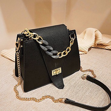 Chic Chain Handle Front Flap Cross Body Shoulder Bag