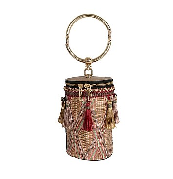 Tribal Design Tassel Accent Ring Handle Bucket Bag