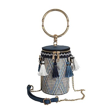 Tribal Design Tassel Accent Ring Handle Bucket Bag