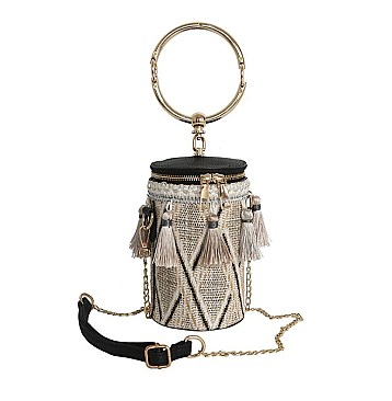 Tribal Design Tassel Accent Ring Handle Bucket Bag