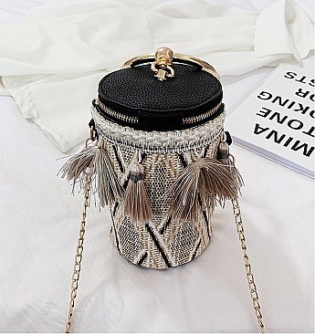 Tribal Design Tassel Accent Ring Handle Bucket Bag