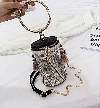 Tribal Design Tassel Accent Ring Handle Bucket Bag