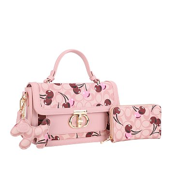 2- in-1 Oval Chery Print Monogram Satchel Set + KeyChain Charming & Wallet