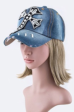Crystal Cross Embellished Fashion Denim Cap