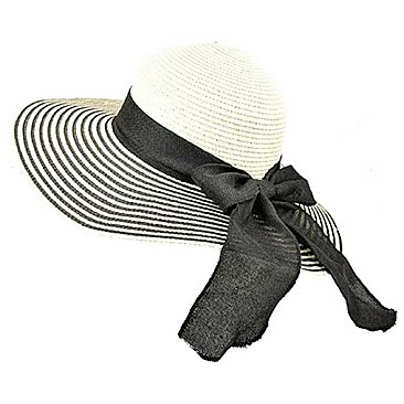 Ribbon Accent Striped Wide Brim Straw Hat