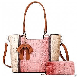 2 IN 1 RIBBON ACCENT ALLIGATOR SATCHEL WALLET SET