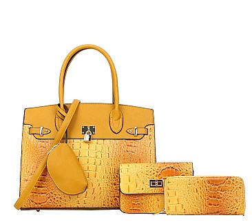 4 IN 1 Crocodile Embossed Padlock Accent Satchel - Cross body & Wallet Set