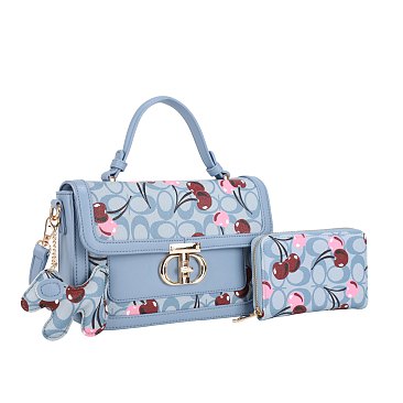 2- in-1 Oval Chery Print Monogram Satchel Set + KeyChain Charming & Wallet