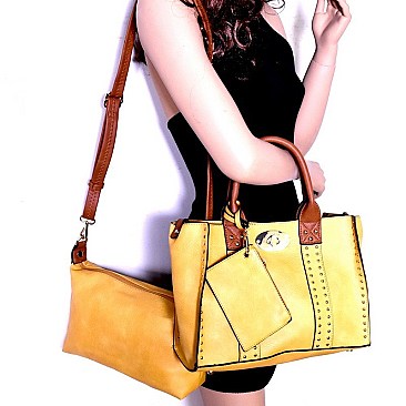 Studded 3 in 1 Turn-Lock Tote Bag