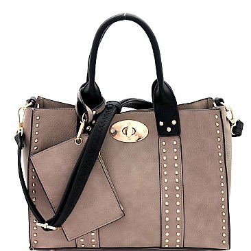 Stylish Turn-Lock Studded 3 in 1 Tote Bag 60345B-MH