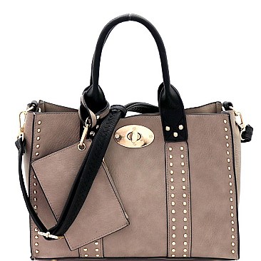 Studded 3 in 1 Turn-Lock Tote Bag