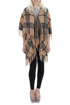 Stylish Multi Tone Plaid Pattern Fringe Poncho FM-K6184