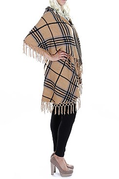 Stylish Multi Tone Plaid Pattern Fringe Poncho FM-K6184