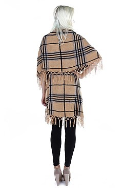 Stylish Multi Tone Plaid Pattern Fringe Poncho FM-K6184