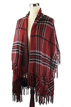 Stylish Multi Tone Plaid Pattern Fringe Poncho FM-K6184