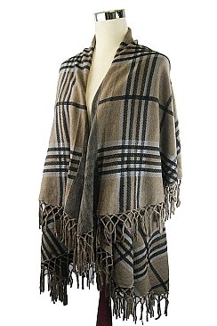 Stylish Multi Tone Plaid Pattern Fringe Poncho FM-K6184