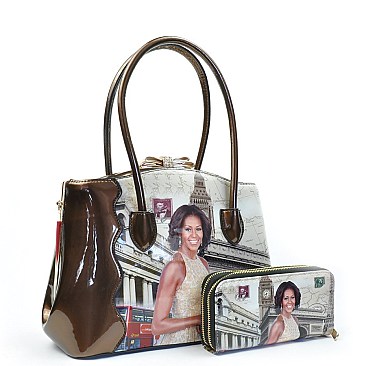 Michelle Obama Jewel-Top Dressy Frame Satchel Handbag Wallet SET