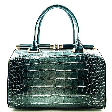 Patent Crocodile Print Boston Frame Structured Satchel