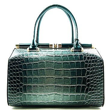 Patent Crocodile Print Boston Frame Structured Satchel