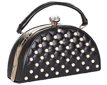 Jewel-Top Metal Frame Pearl Design Satchel