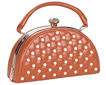 Jewel-Top Metal Frame Pearl Design Satchel