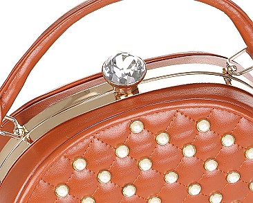 Jewel-Top Metal Frame Pearl Design Satchel