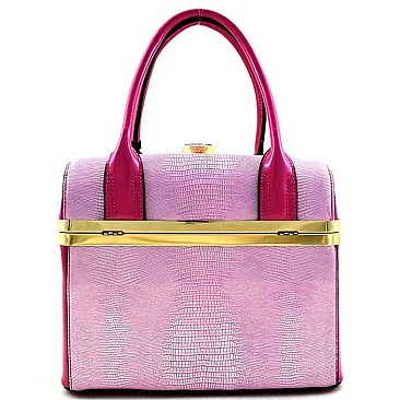 Snake Print Embossed Jewel-top Boxy Satchel