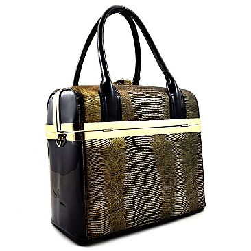 Snake Print Embossed Jewel-top Boxy Satchel