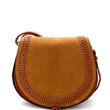 62467B-LP Felt-Suede Flap Woven Detail Bohemian Saddle Bag