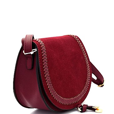 62467B-LP Felt-Suede Flap Woven Detail Bohemian Saddle Bag