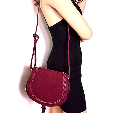 62467B-LP Felt-Suede Flap Woven Detail Bohemian Saddle Bag