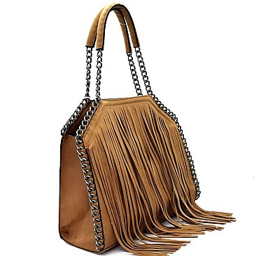 62589-LP Chain Accent Fringed 2-Way Tote