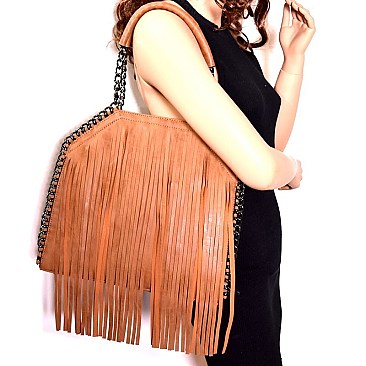 62589-LP Chain Accent Fringed 2-Way Tote