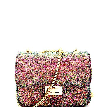 66706-LP Multi-Color Glitter Turn-Lock Crossbody Shoulder Bag