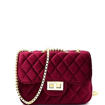 66965-LP Quilted Velvet Turn-Lock Cross body Shoulder Bag