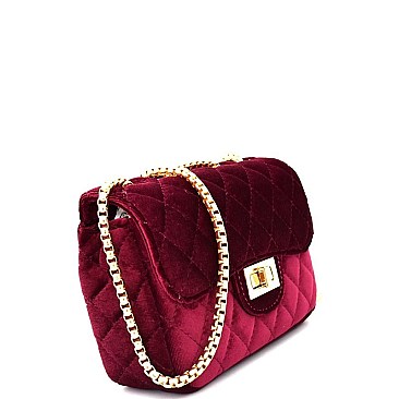 66965-LP Quilted Velvet Turn-Lock Cross body Shoulder Bag