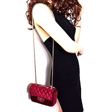 66965-LP Quilted Velvet Turn-Lock Cross body Shoulder Bag