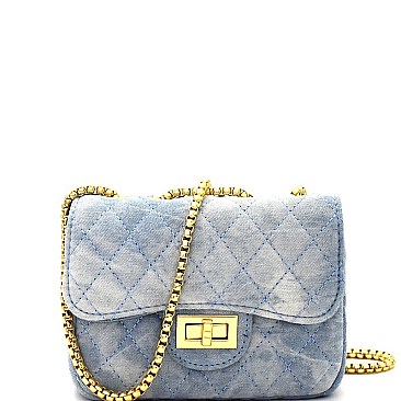 66966-LP Quilted Denim Turn-Lock Cross-body Shoulder Bag