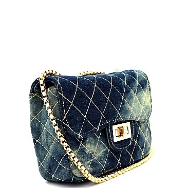 66966-LP Quilted Denim Turn-Lock Cross-body Shoulder Bag